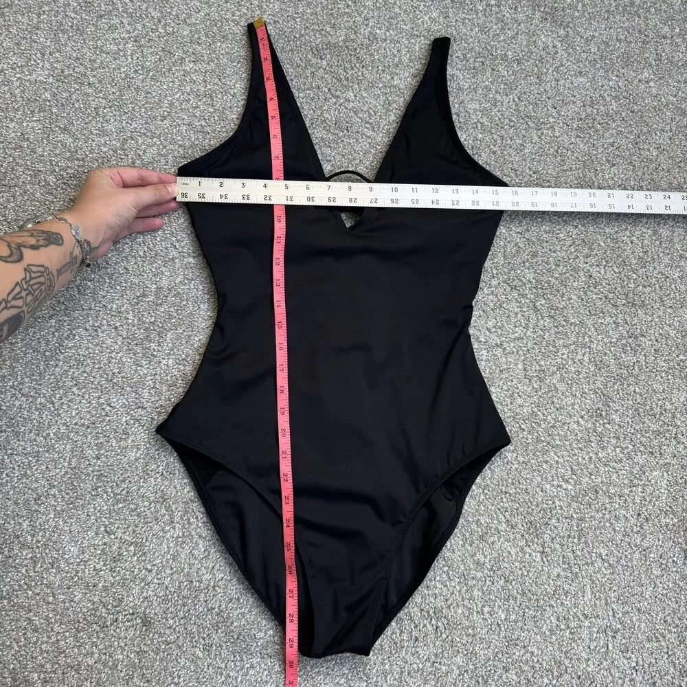 TA3 Swimsuit Womens Large Black One Piece Plunge Corset Back Hourglass Goth Sexy